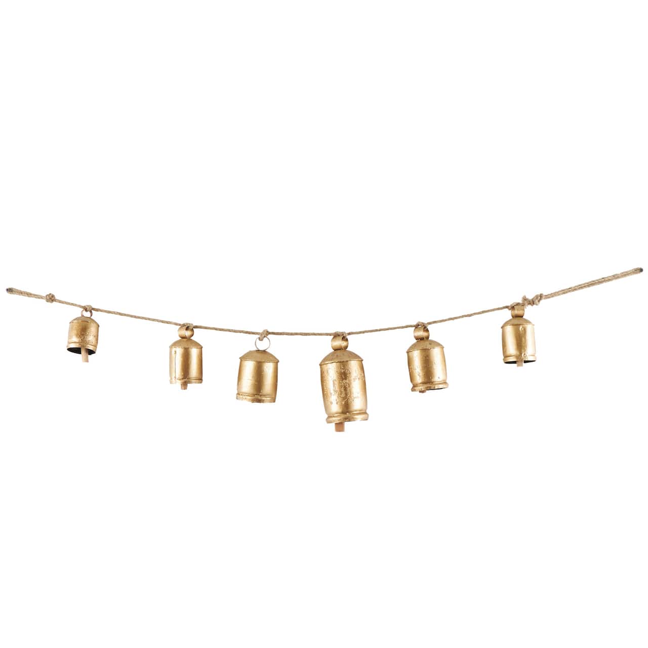 Gold Metal Tibetan Inspired String Hanging Decorative Cow Bells with Jute Hanging Rope